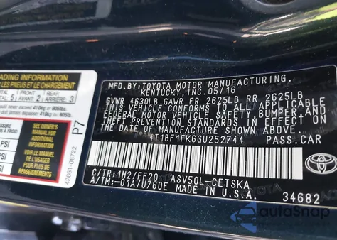 2016 Toyota Camry Se from USA, damaged, VIN 4T1BF1FK6GU252744
